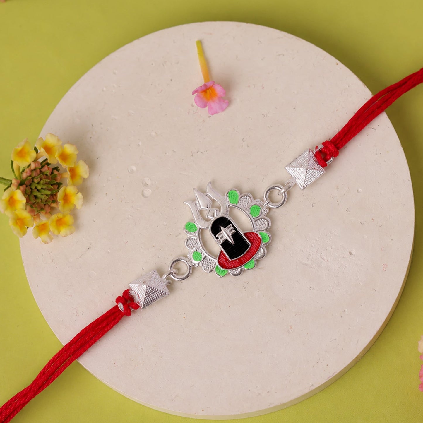 Silver Shiv Lingam Trishul Enamel Bead Rakhi Rakshabandhan