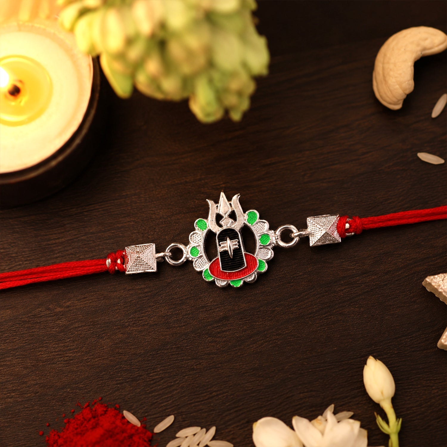 Silver Shiv Lingam Trishul Enamel Bead Rakhi Rakshabandhan