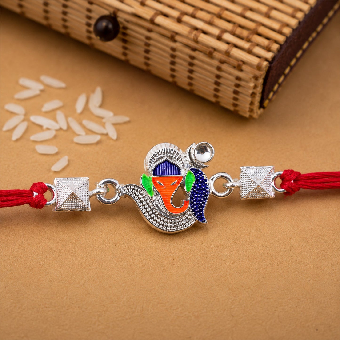Silver Ganesha Enamel Charm Silver Bead Rakhi Rakshabandhan