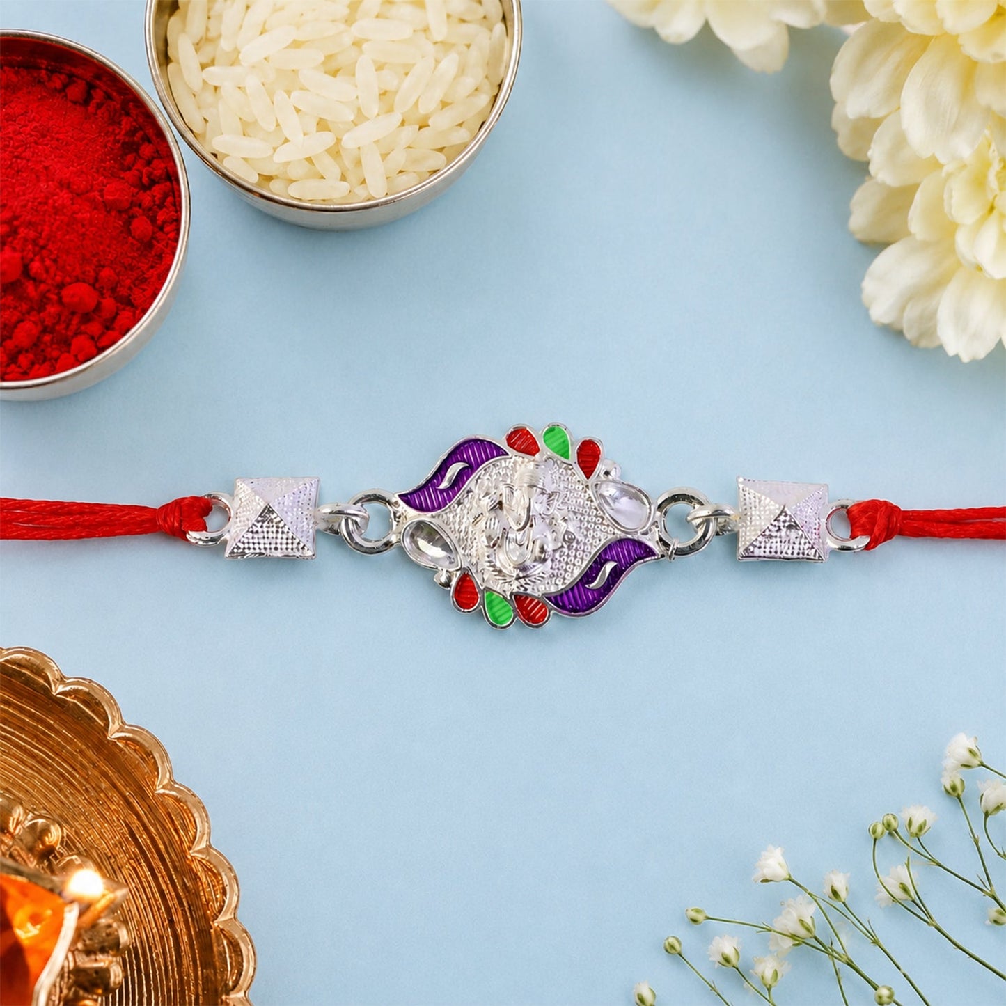 Silver Ganesha Multicolor Enamel Pyramid Bead Rakhi Rakshabandhan