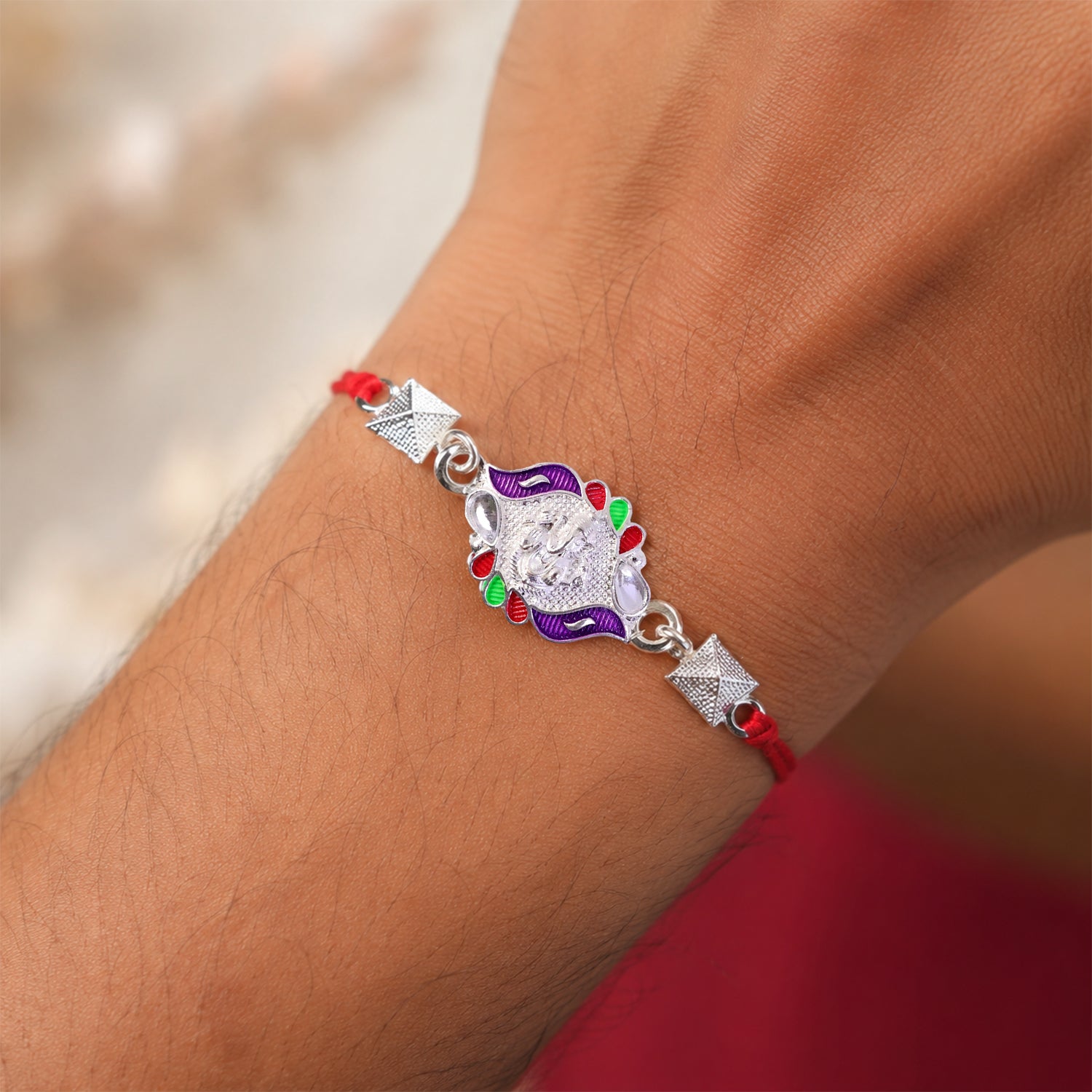 Silver Ganesha Multicolor Enamel Pyramid Bead Rakhi Rakshabandhan