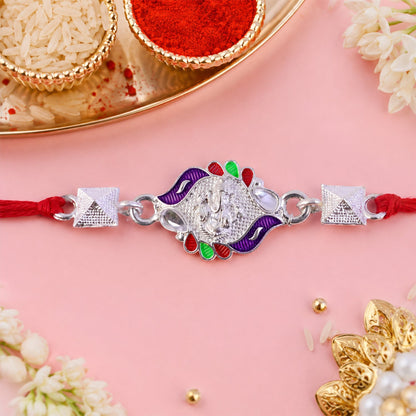 Silver Ganesha Multicolor Enamel Pyramid Bead Rakhi Rakshabandhan