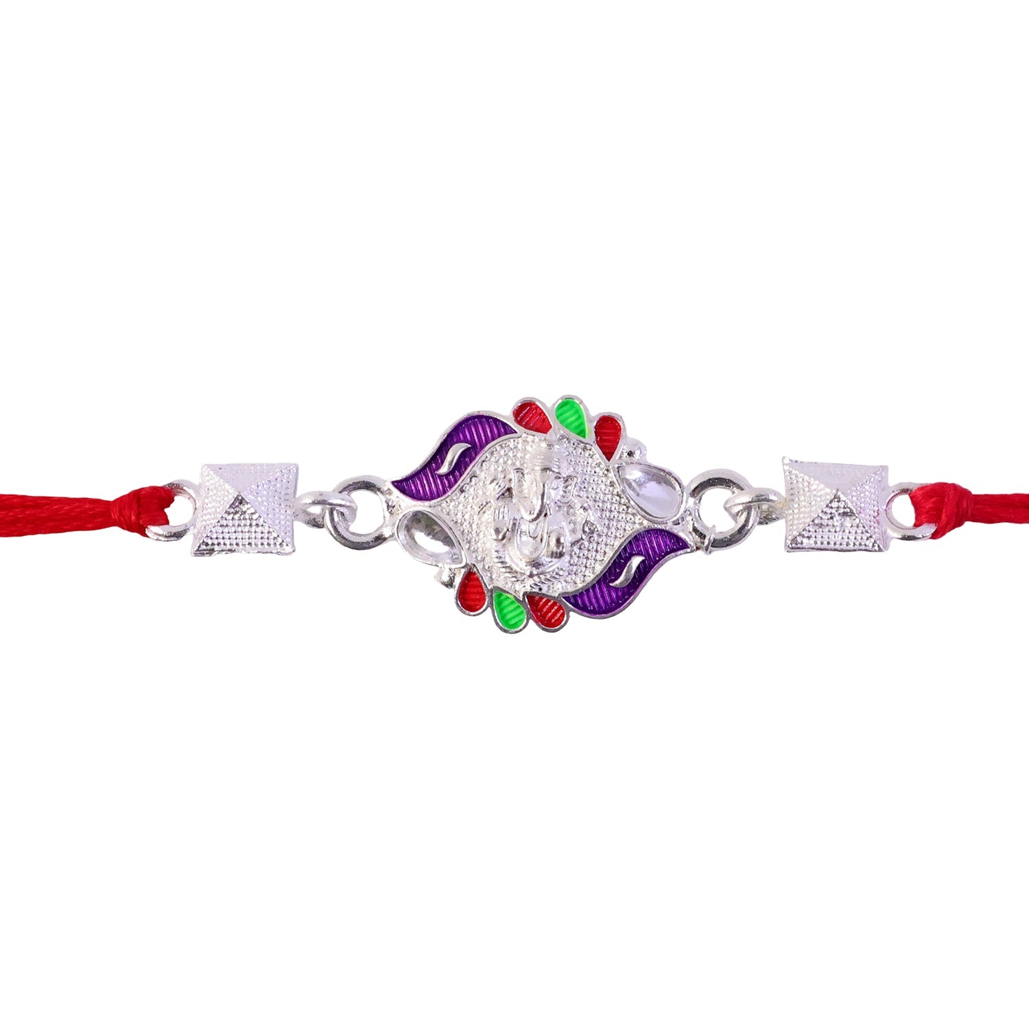Silver Ganesha Multicolor Enamel Pyramid Bead Rakhi Rakshabandhan