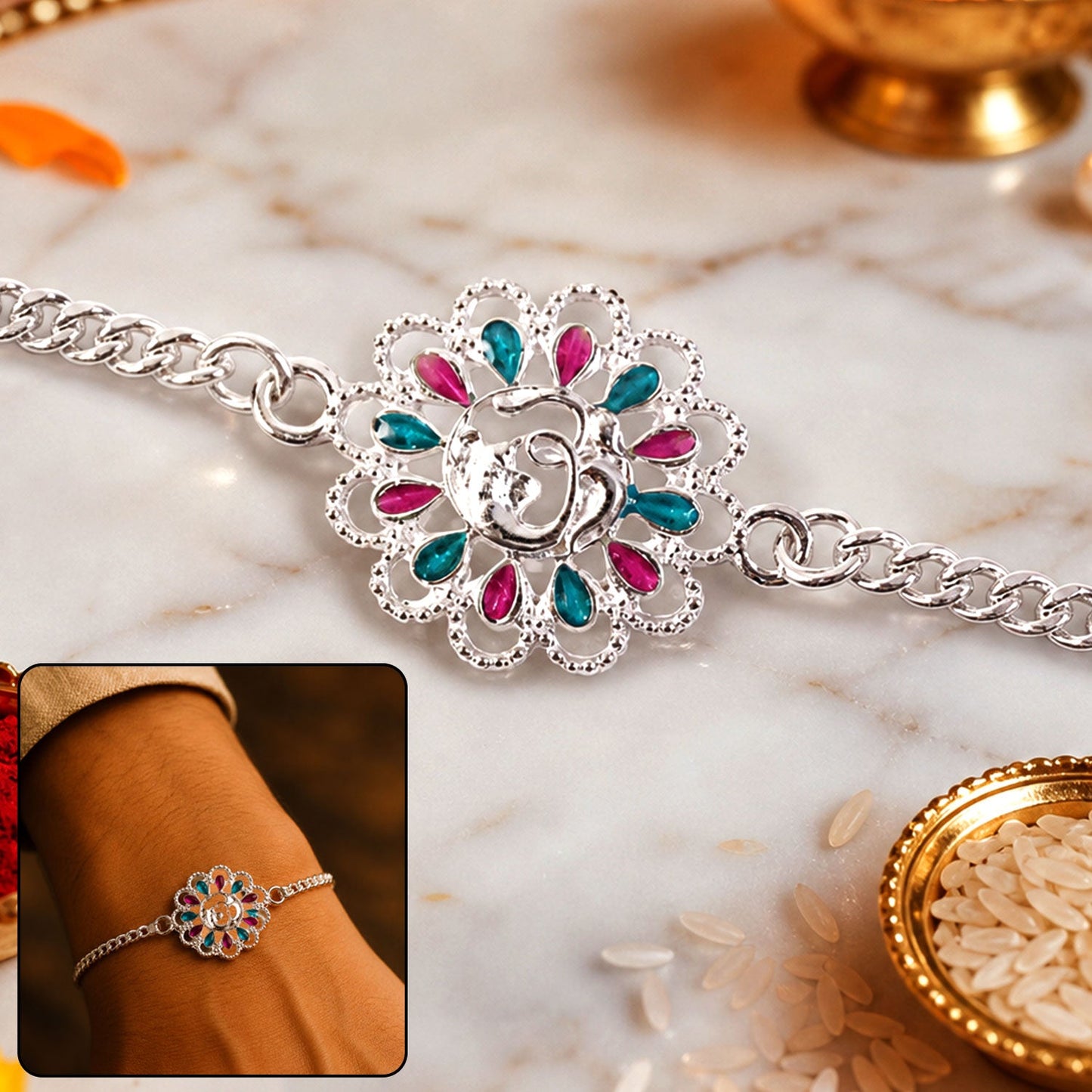 Silver Floral Om Enamel Chain Bracelet Rakhi Rakshabandhan