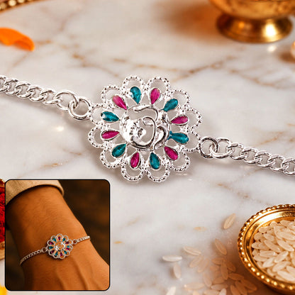 Silver Floral Om Enamel Chain Bracelet Rakhi Rakshabandhan