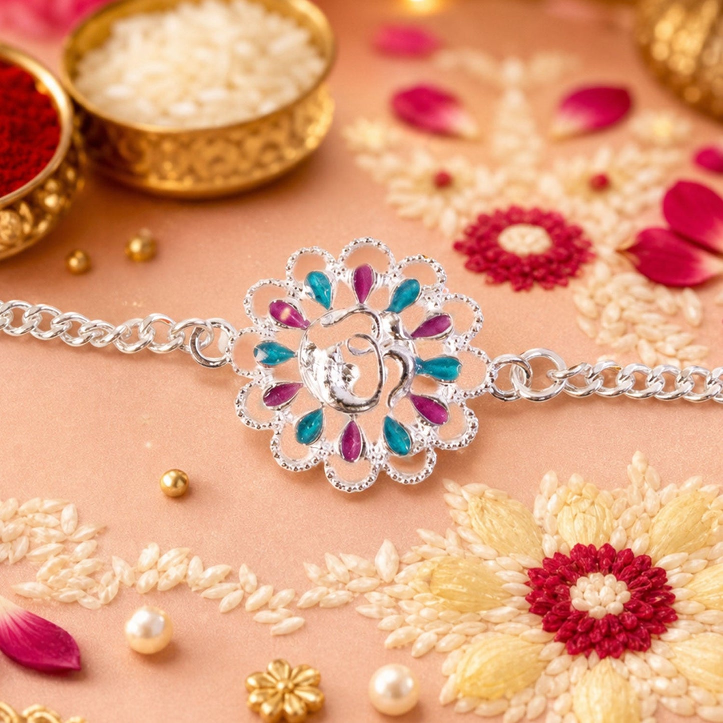 Silver Floral Om Enamel Chain Bracelet Rakhi Rakshabandhan