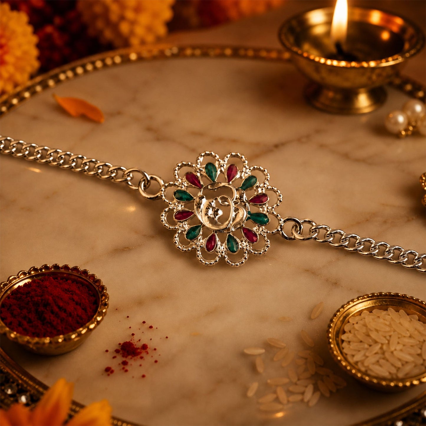 Silver Floral Om Enamel Chain Bracelet Rakhi Rakshabandhan