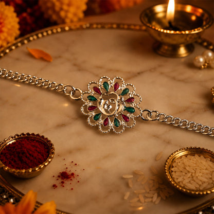Silver Floral Om Enamel Chain Bracelet Rakhi Rakshabandhan