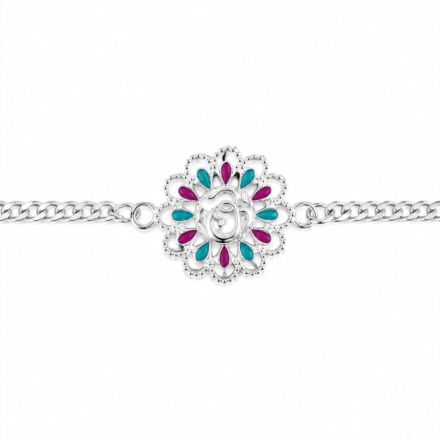 Silver Floral Om Enamel Chain Bracelet Rakhi Rakshabandhan