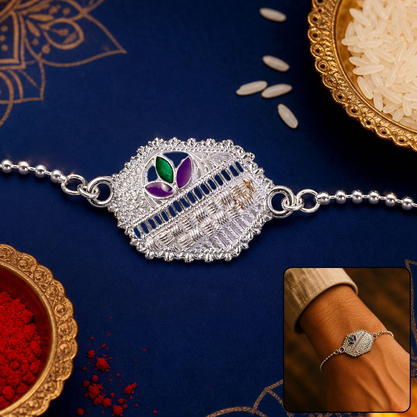 Silver Designer Enamel Chain Bracelet Rakshabandhan
