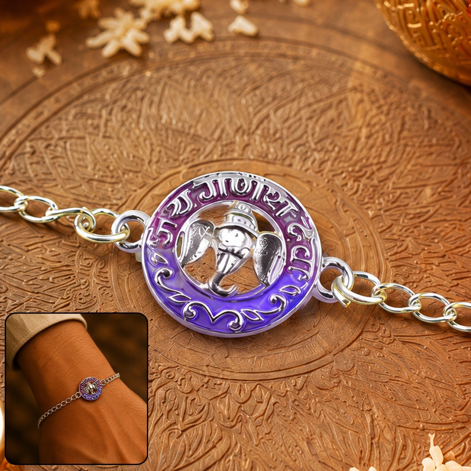 Silver Round Ganesha Enamel Frame Chain Bracelet Rakshabandhan