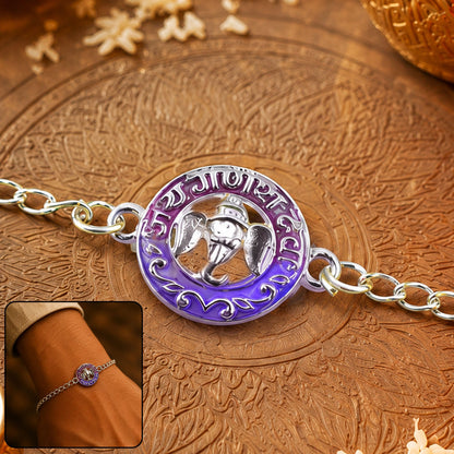 Silver Round Ganesha Enamel Frame Chain Bracelet Rakshabandhan
