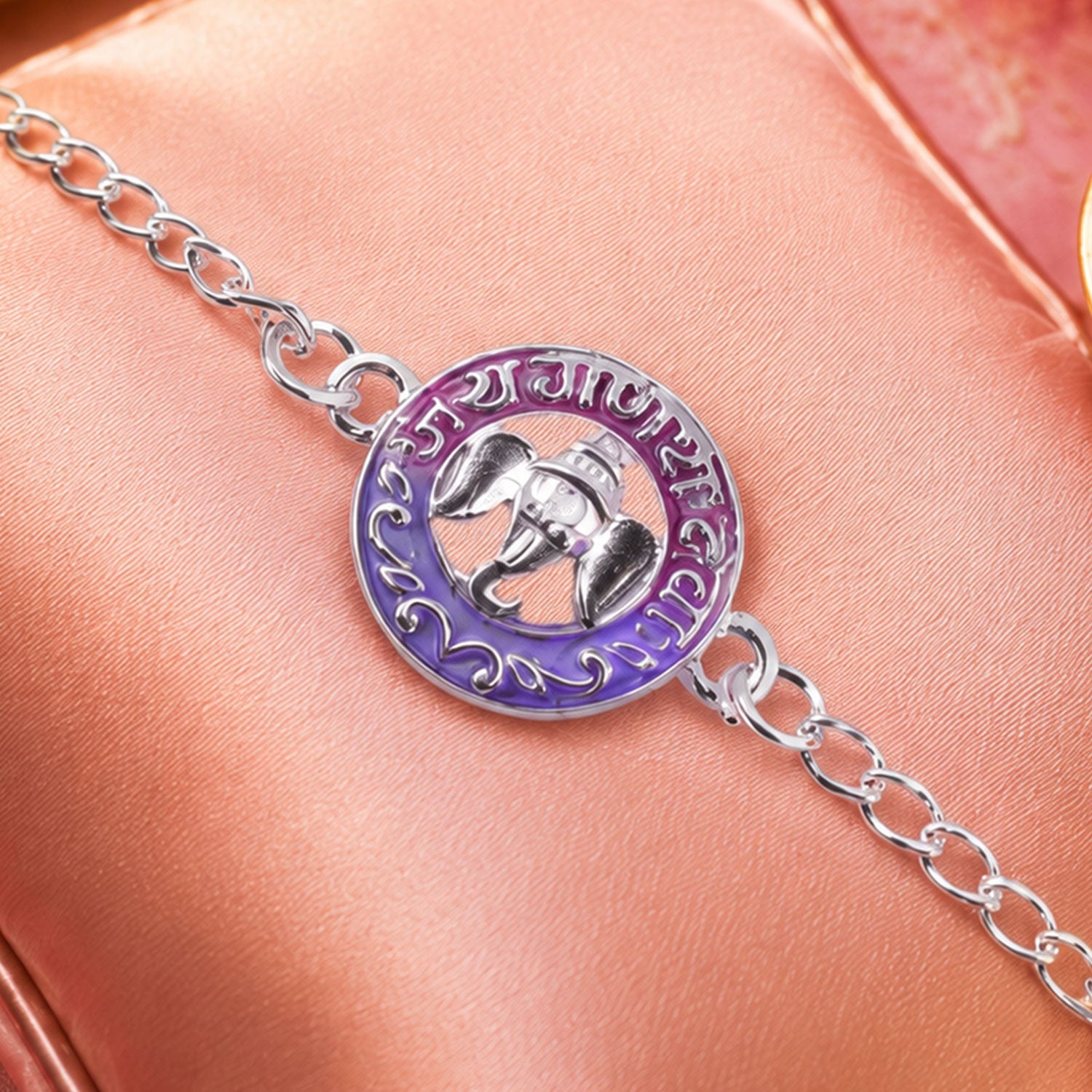 Silver Round Ganesha Enamel Frame Chain Bracelet Rakshabandhan