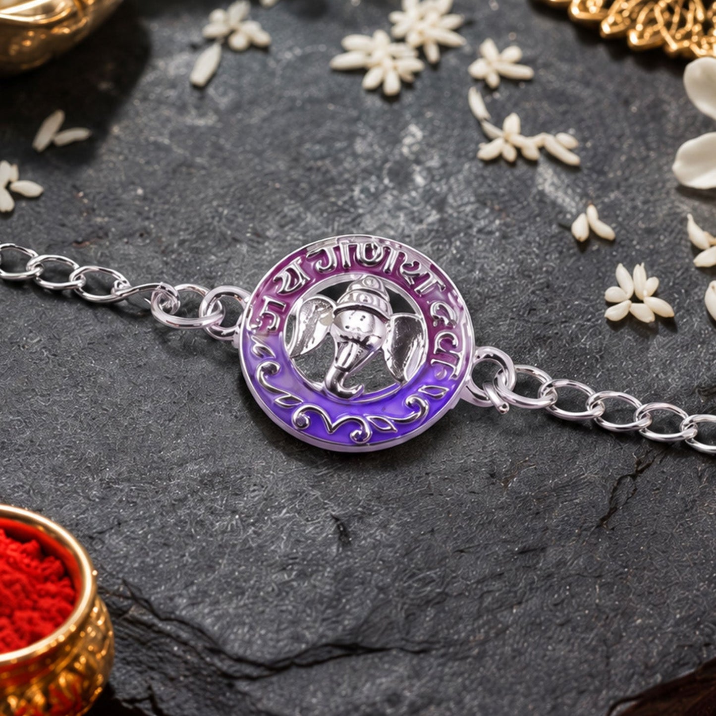 Silver Round Ganesha Enamel Frame Chain Bracelet Rakshabandhan