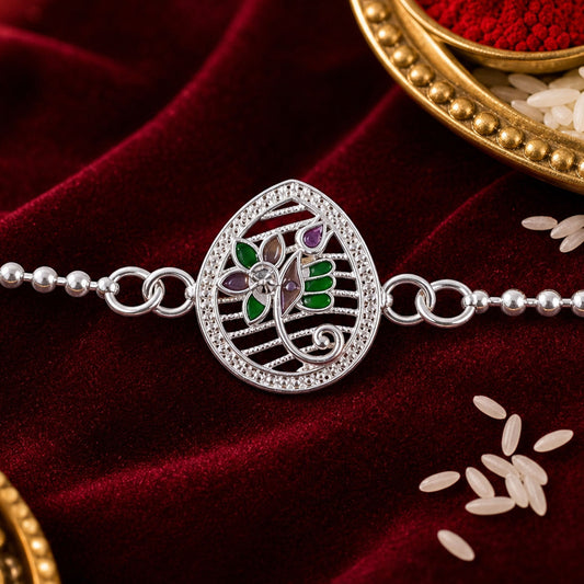 Premium silver floral Rakhi with decorative enamel work