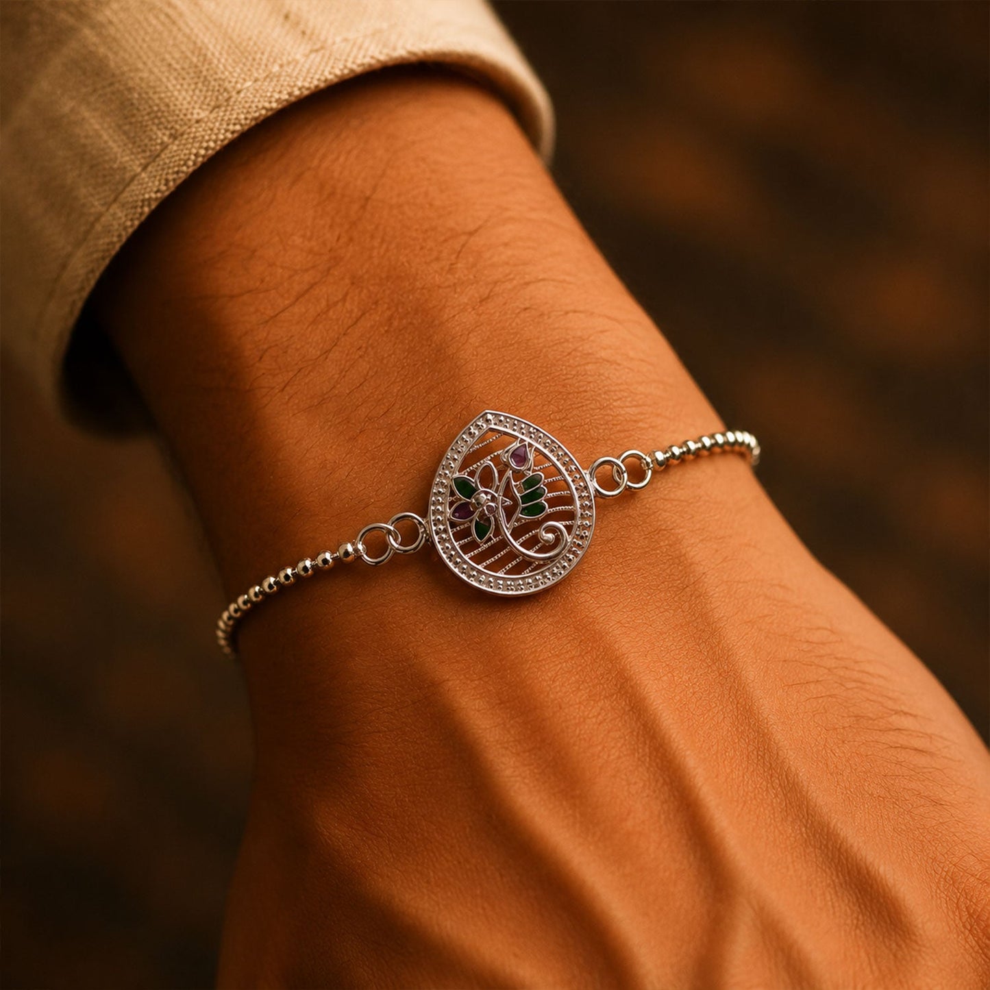 Silver Floral Design Enamel Chain Rakshabandhan