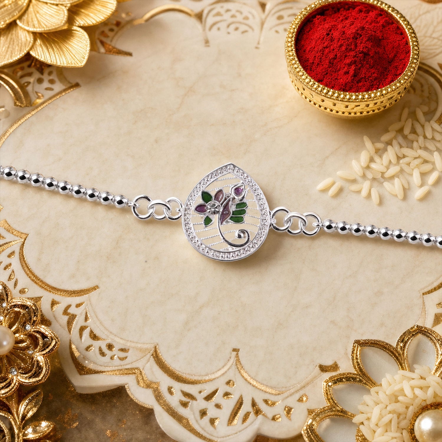 Silver Floral Design Enamel Chain Rakshabandhan