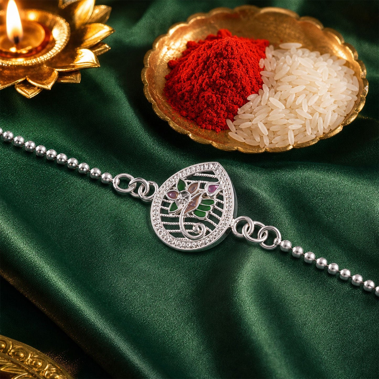 Silver Floral Design Enamel Chain Rakshabandhan