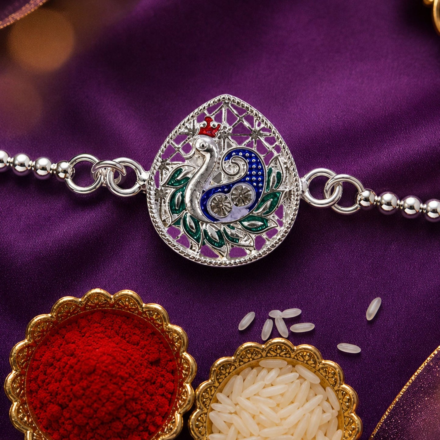 Silver leaf Design Peacock Enamel Chain Bracelet Rakshabandhan