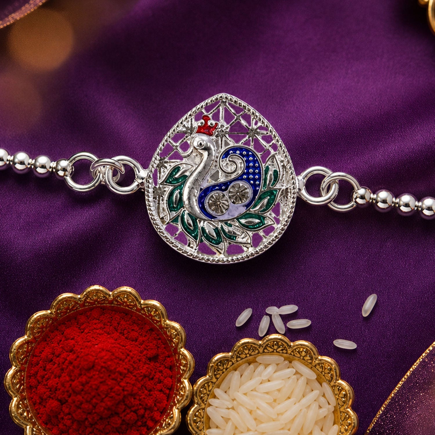 Silver leaf Design Peacock Enamel Chain Bracelet Rakshabandhan