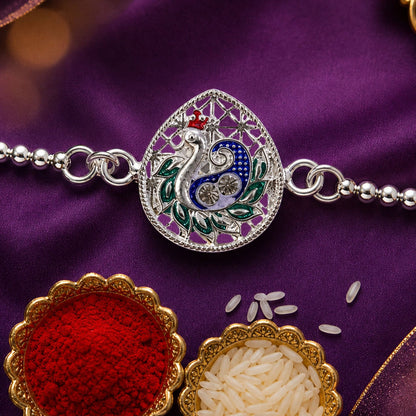 Silver leaf Design Peacock Enamel Chain Bracelet Rakshabandhan
