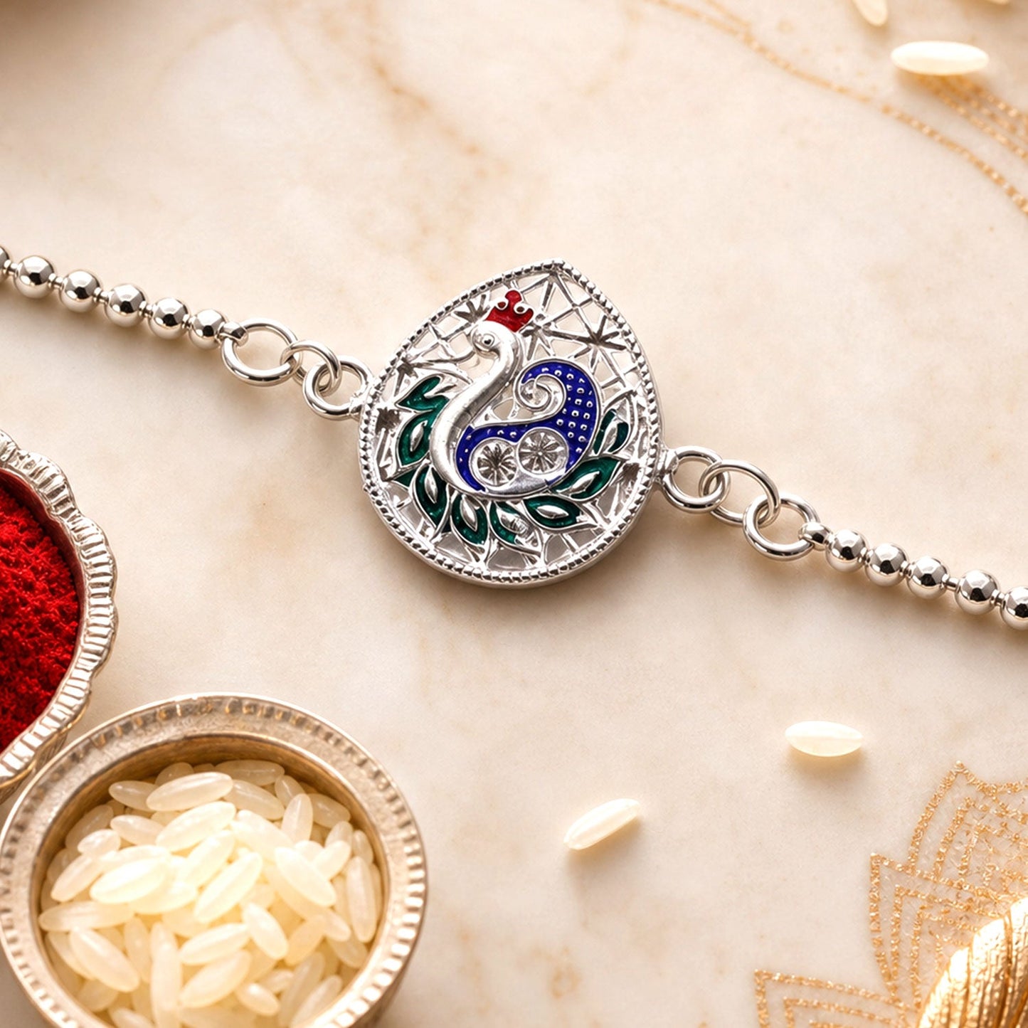 Silver leaf Design Peacock Enamel Chain Bracelet Rakshabandhan
