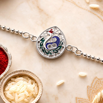Silver leaf Design Peacock Enamel Chain Bracelet Rakshabandhan