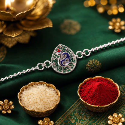 Silver leaf Design Peacock Enamel Chain Bracelet Rakshabandhan