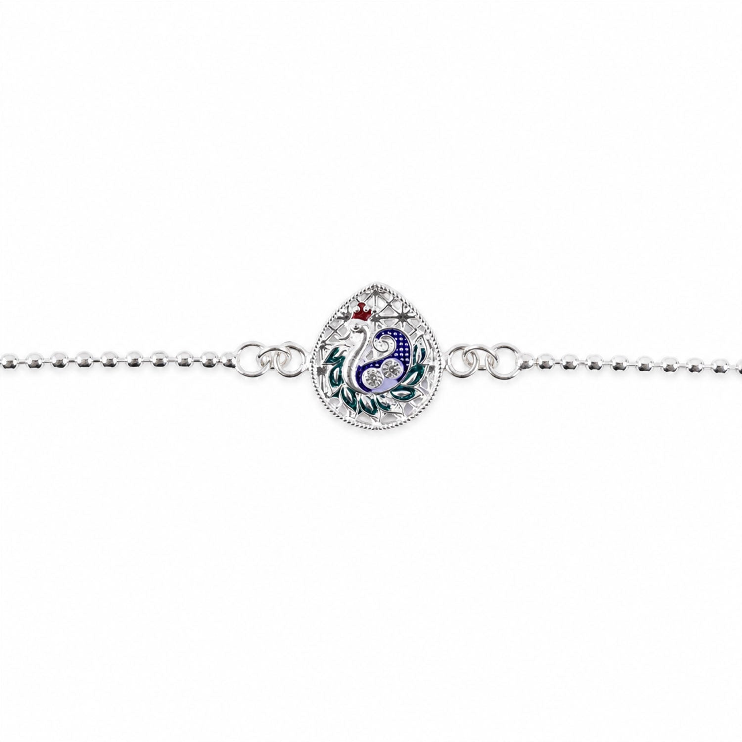 Silver leaf Design Peacock Enamel Chain Bracelet Rakshabandhan