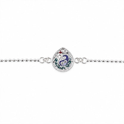 Silver leaf Design Peacock Enamel Chain Bracelet Rakshabandhan