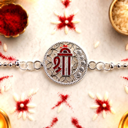 Silver Round Shree Enamel Stone Chain Bracelet Rakshabandhan