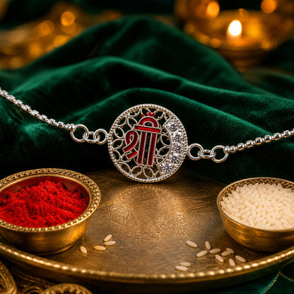 Silver Round Shree Enamel Stone Chain Bracelet Rakshabandhan
