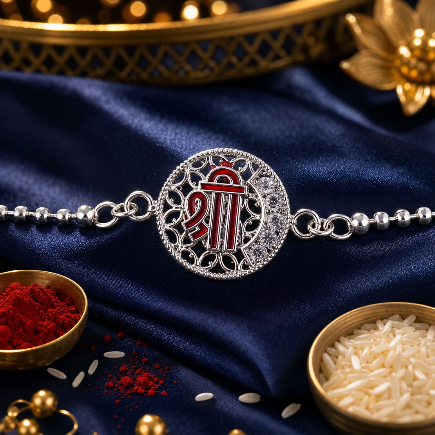 Silver Round Shree Enamel Stone Chain Bracelet Rakshabandhan