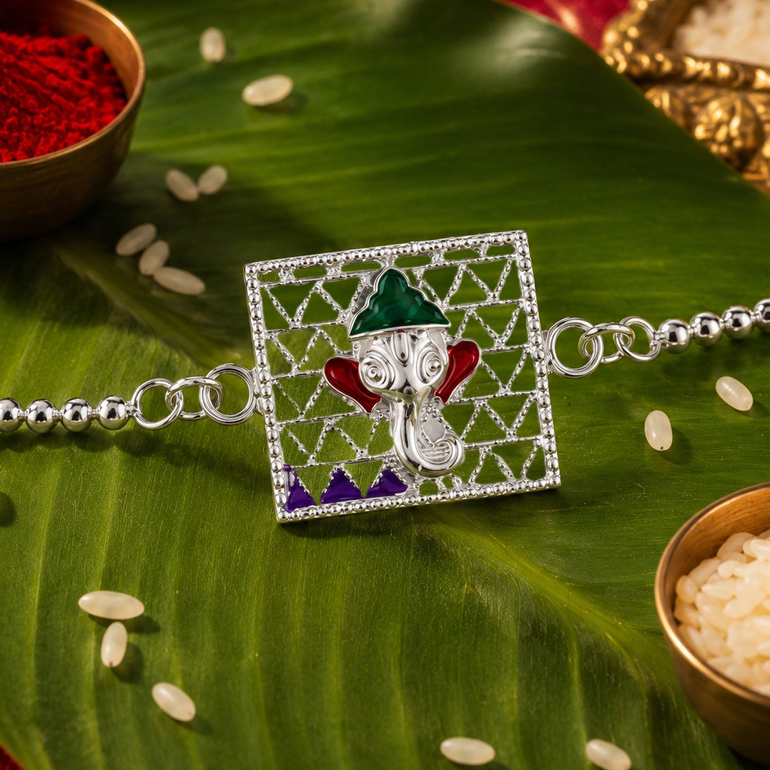 Silver Square Ganesha Enamel Filigree Chain Rakshabandhan