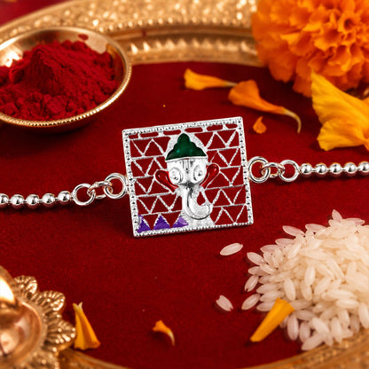 Silver Square Ganesha Enamel Filigree Chain Rakshabandhan