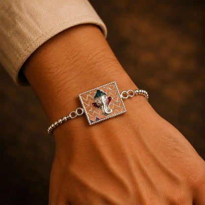 Silver Square Ganesha Enamel Filigree Chain Rakshabandhan