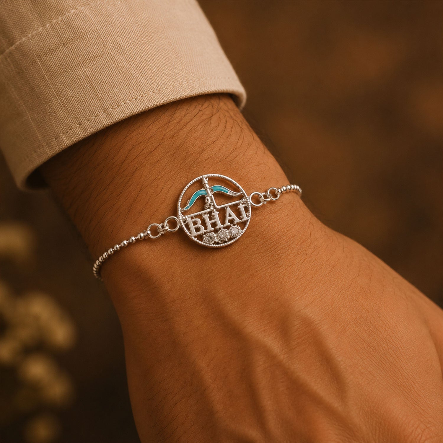 Silver Round Bhai Text Enamel Chain Bracelet Rakshabandhan