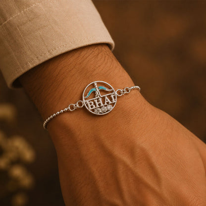 Silver Round Bhai Text Enamel Chain Bracelet Rakshabandhan