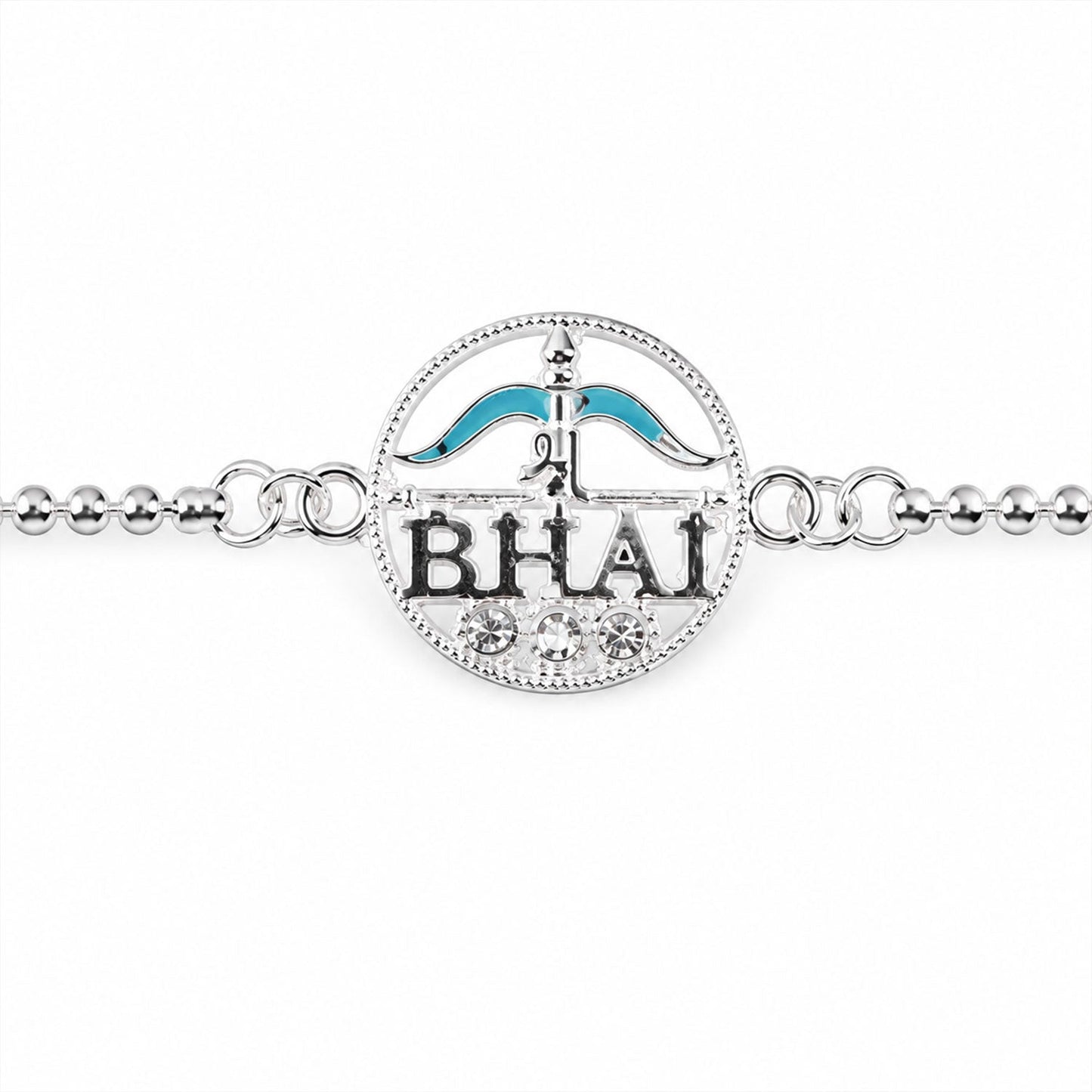 Silver Round Bhai Text Enamel Chain Bracelet Rakshabandhan