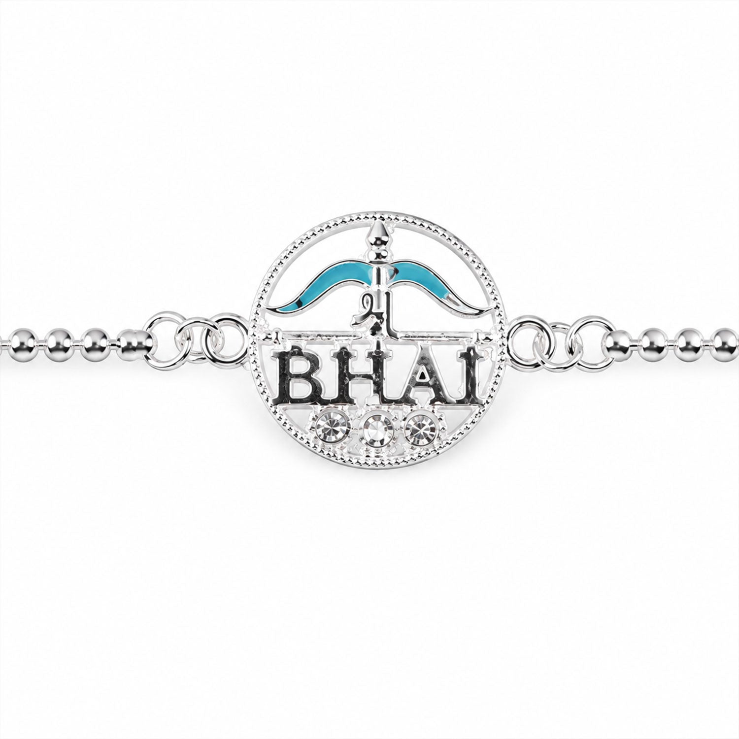 Silver Round Bhai Text Enamel Chain Bracelet Rakshabandhan
