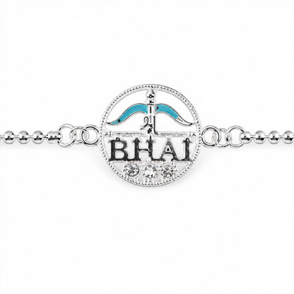 Silver Round Bhai Text Enamel Chain Bracelet Rakshabandhan