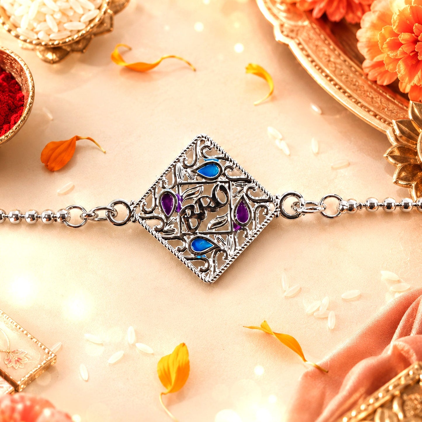 Silver Square Diamond Bro Text Enamel Chain Bracelet Rakshabandhan