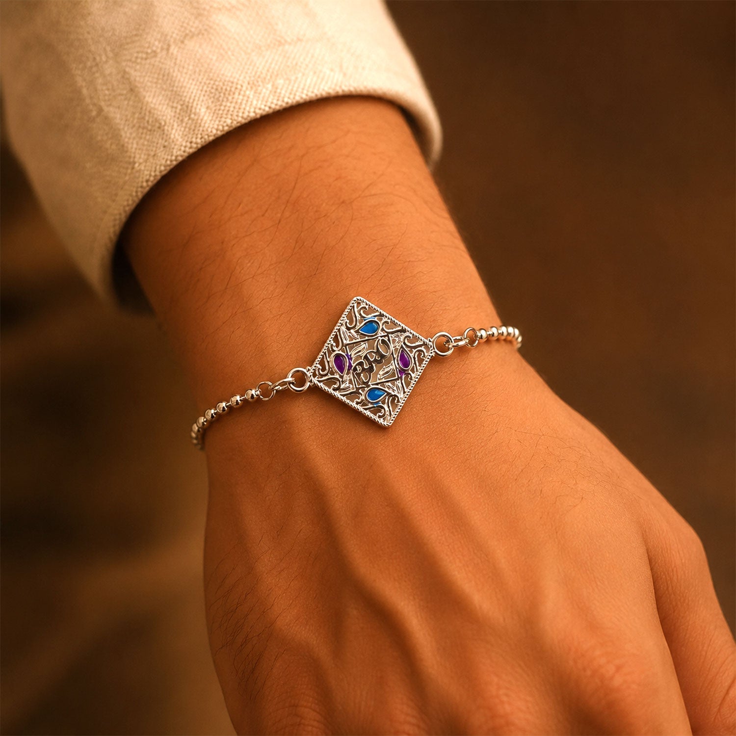 Silver Square Diamond Bro Text Enamel Chain Bracelet Rakshabandhan