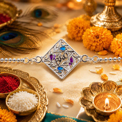 Silver Square Diamond Bro Text Enamel Chain Bracelet Rakshabandhan