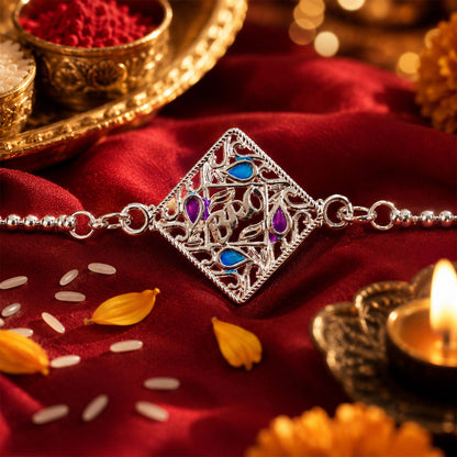 Silver Square Diamond Bro Text Enamel Chain Bracelet Rakshabandhan