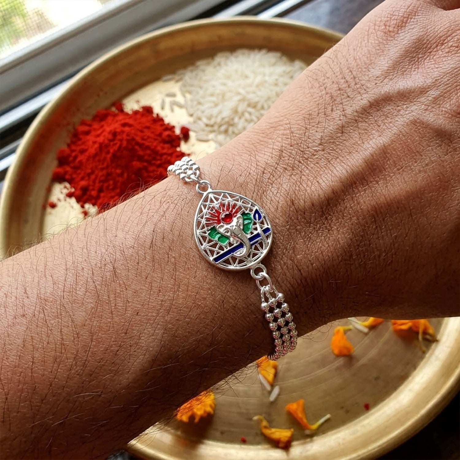 Lord Ganesha Enamel Charm Chain Bracelet Rakhi