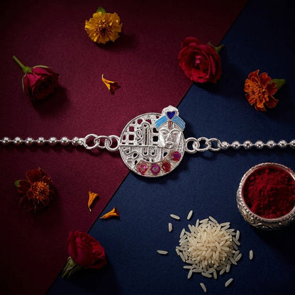 Shree Krishna Round Frame Stone Studded Bracelet Rakhi for Brother