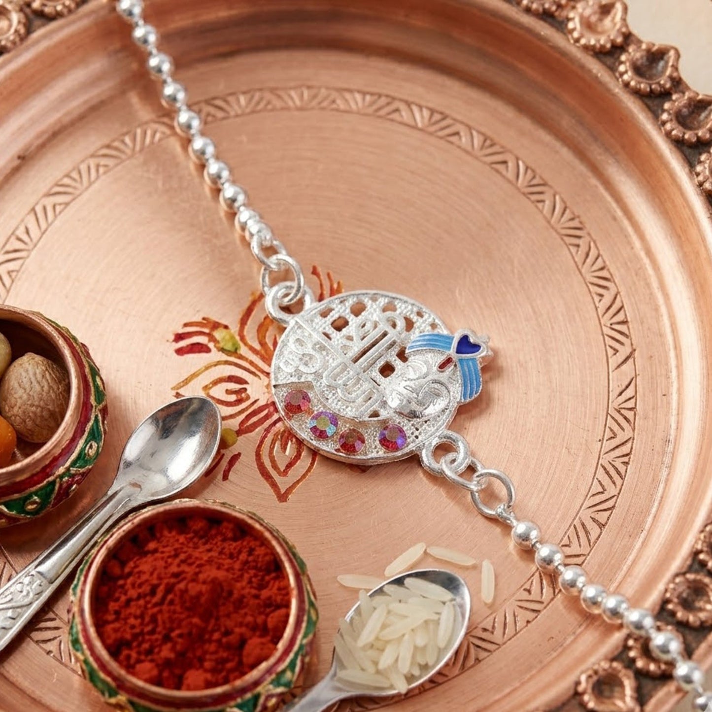 Shree Krishna Round Frame Stone Studded Bracelet Rakhi for Brother