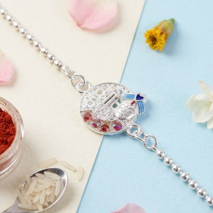 Shree Krishna Round Frame Stone Studded Bracelet Rakhi for Brother