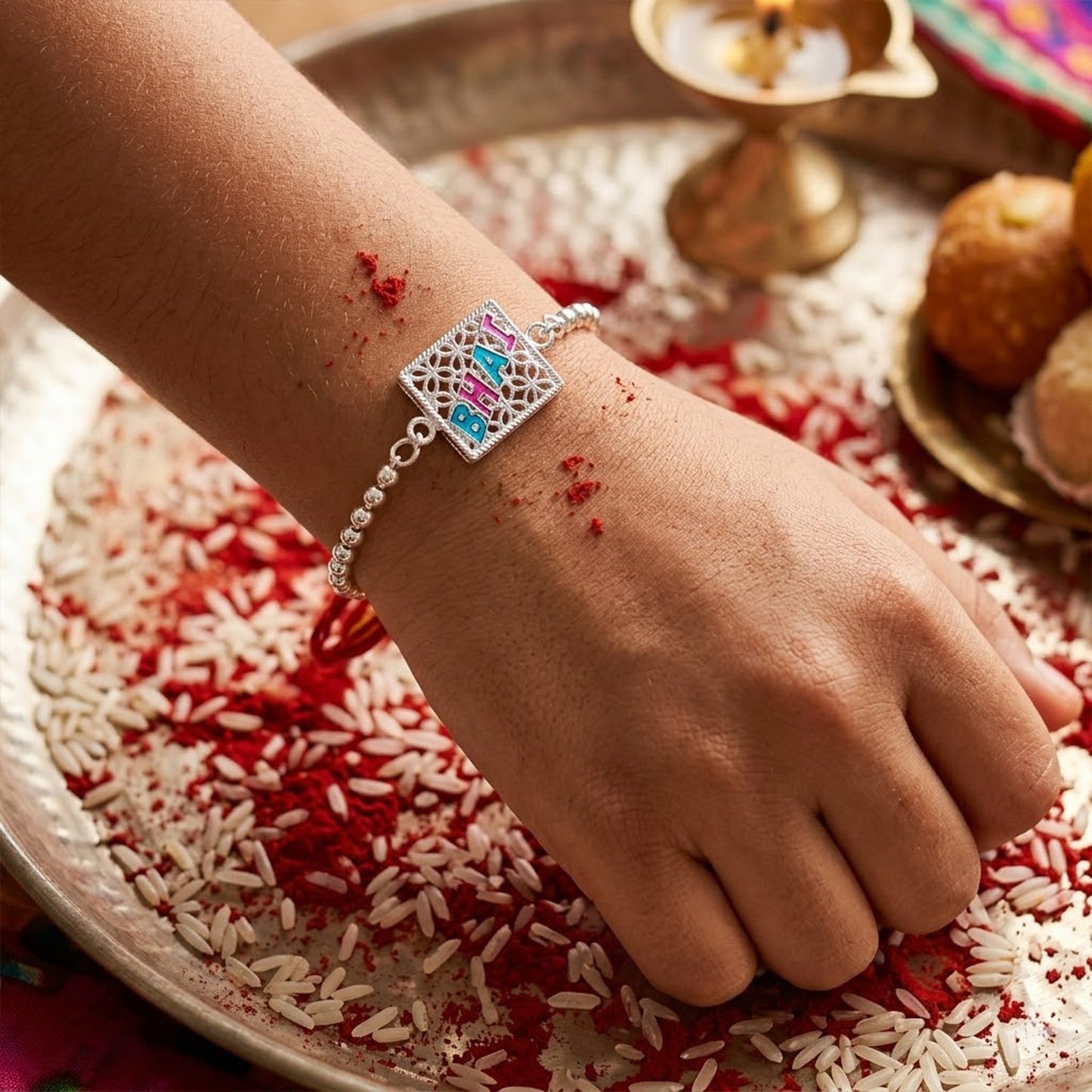 Bhai Text Enamel Square Charm Chain Bracelet Rakhi